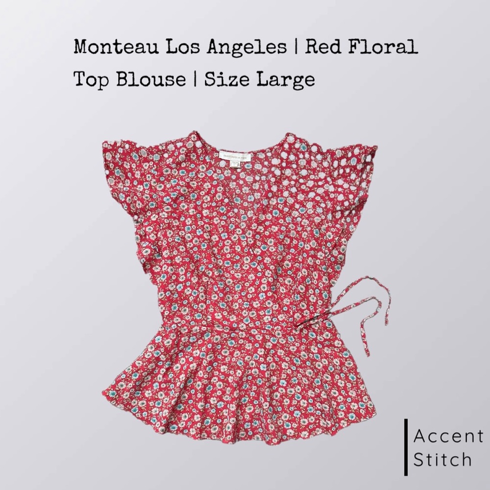 Monteau Los Angeles | Red Floral Top Blouse Short Sleeve Ruffle | Size Large